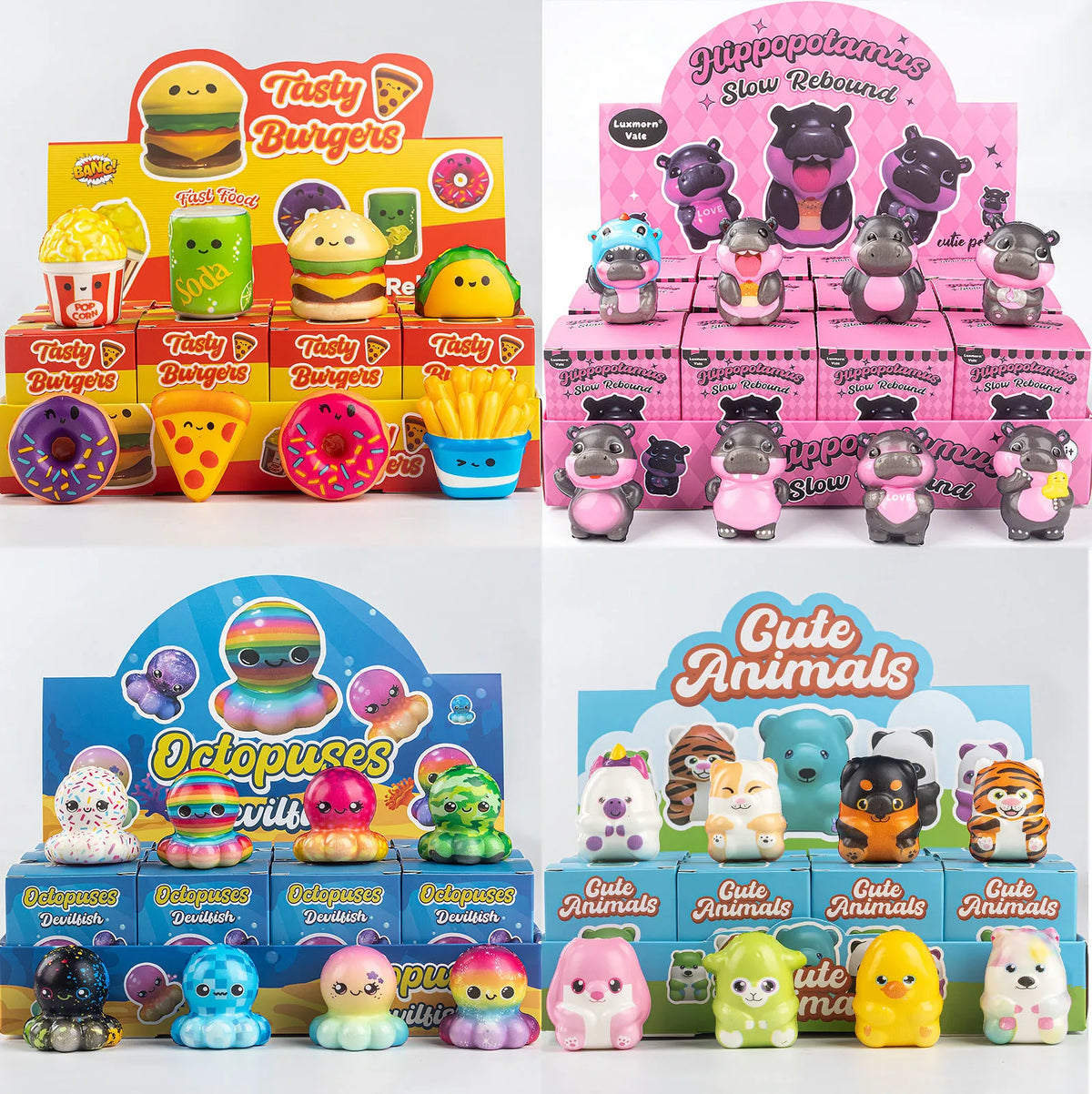 A collection of 12 squishy stress relief toys featuring cute animals and food characters in various blind box packaging.