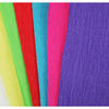 A vertical display of colorful crepe paper rolls in shades of green, red, cyan, pink, and purple.