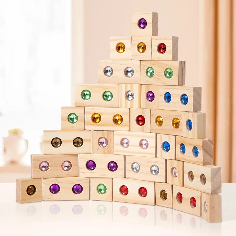 Rainbow Wooden Stacking Blocks with Acrylic Gems