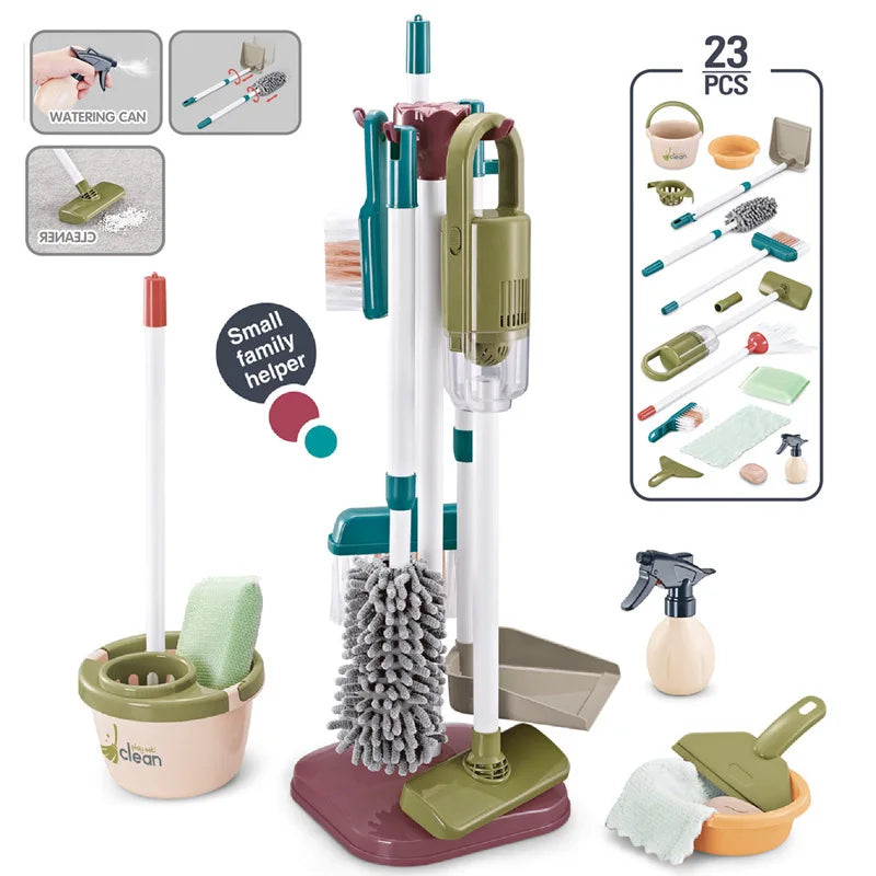 A kids pretend play cleaning set featuring various tools like a watering can and brushes with storage racks and accessories.