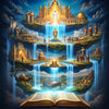 A detailed painting depicts Jesus in a radiant light surrounded by architectural elements and nature scenes.