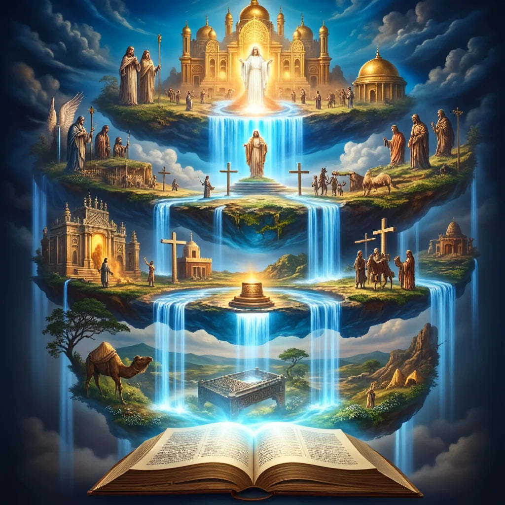 A detailed painting depicts Jesus in a radiant light surrounded by architectural elements and nature scenes.