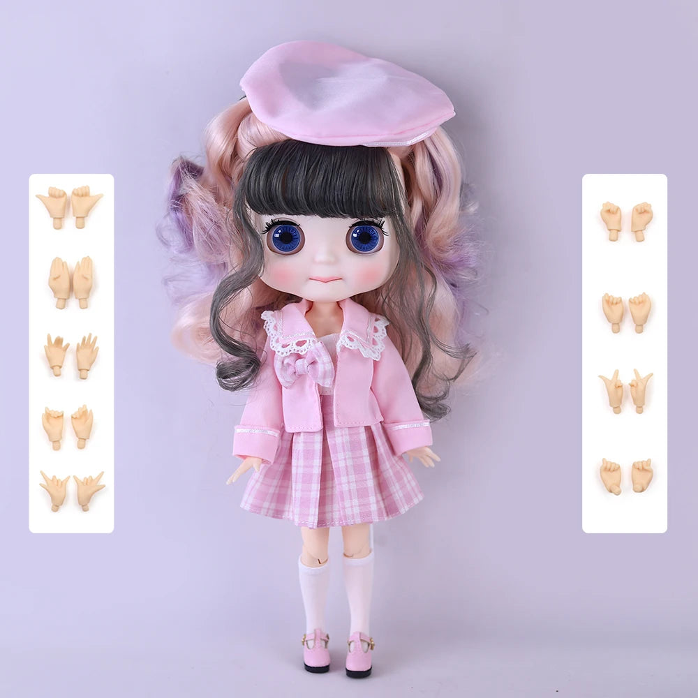 A pink fashion doll with long purple hair wearing a pink plaid dress and a matching pink bonnet.