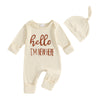 A cream-colored baby boy long sleeve ribbed romper and matching hat.