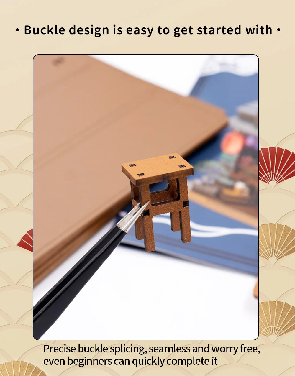 A wooden miniature Japanese restaurant dollhouse kit showing a buckle design and a pencil for guidance.