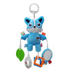 Blue and white plush hanging rattle toy with a loop for infant cribs and strollers