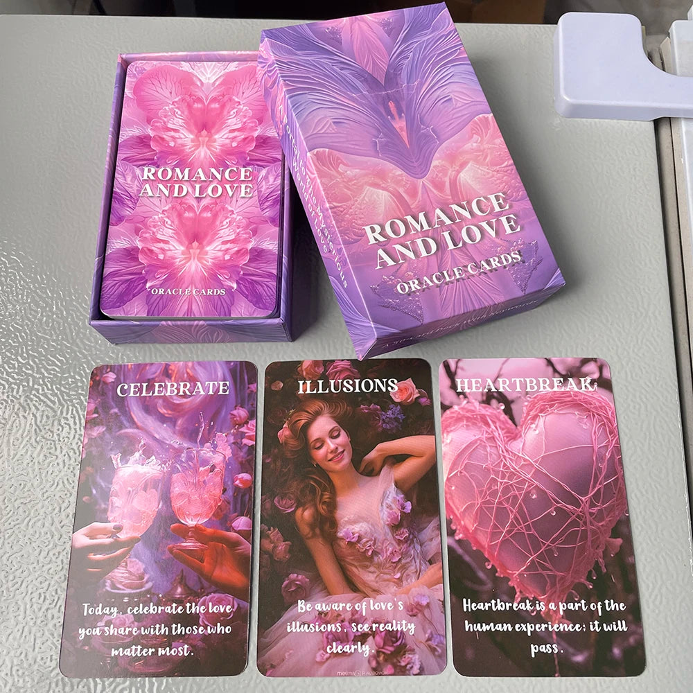 A set of Romance and Love Oracle Cards featuring pink and purple designs for relationship guidance.
