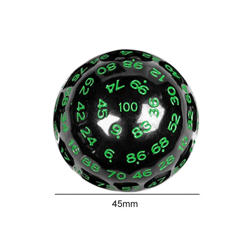 A black 100-sided acrylic polyhedral die showing various numbered faces.