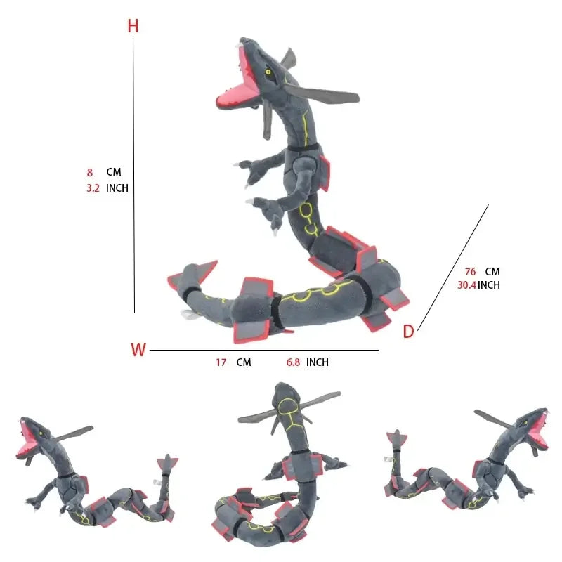 A plush toy of Shiny Rayquaza in a dark gray color shown from the side and top views.