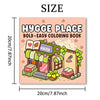 A coloring book cover titled Hygge Place Bold Easy Coloring Book featuring a storefront with books and plants.