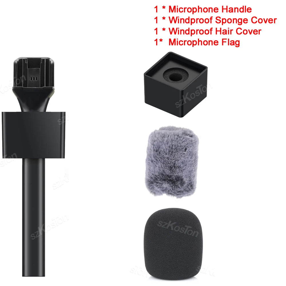 Black microphone handle and components including a windproof sponge cover, hair cover, and flag.
