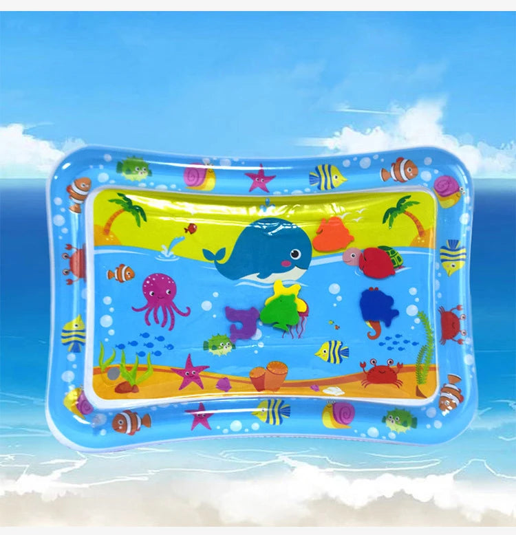A colorful inflatable baby water play mat featuring sea animals and marine life for tummy time