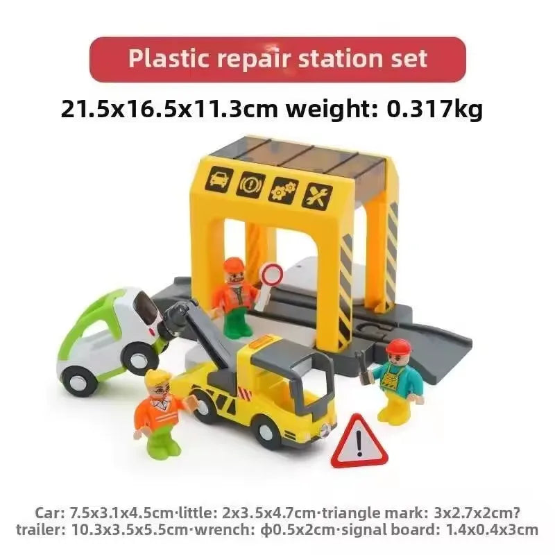 Plastic repair station set with wooden train track accessories for creative railway play