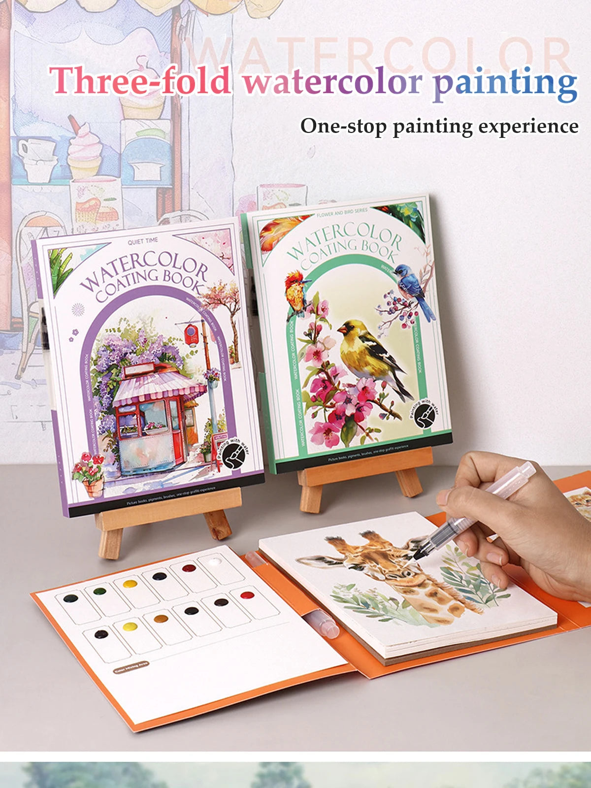 Three-fold watercolor painting set showing a book and palette for one-stop painting experience
