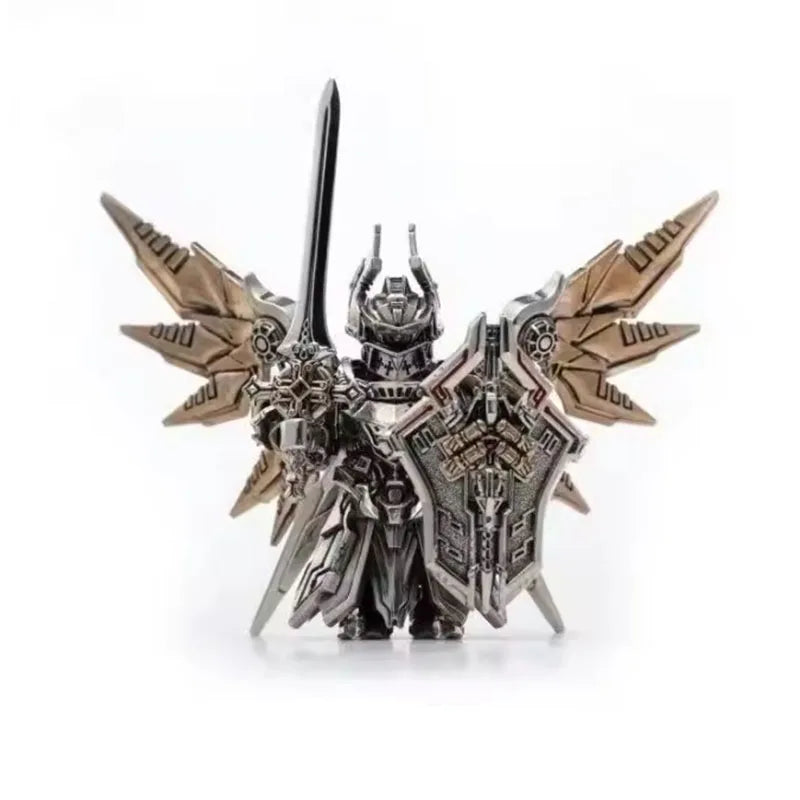 A detailed metal figurine of an Adjudicator with wings and a sword.
