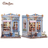 A detailed wooden book nook kit featuring a storefront display with intricate details and LED lighting.