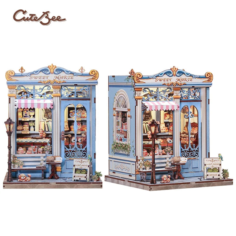 A detailed wooden book nook kit featuring a storefront display with intricate details and LED lighting.