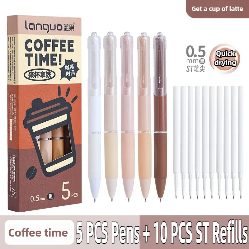 A set of five 0.5mm quick-drying gel pens and ten refill cartridges for writing.