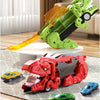 A green T-Rex dinosaur toy with orange fins and a red car, demonstrating inertia sliding and storage features.