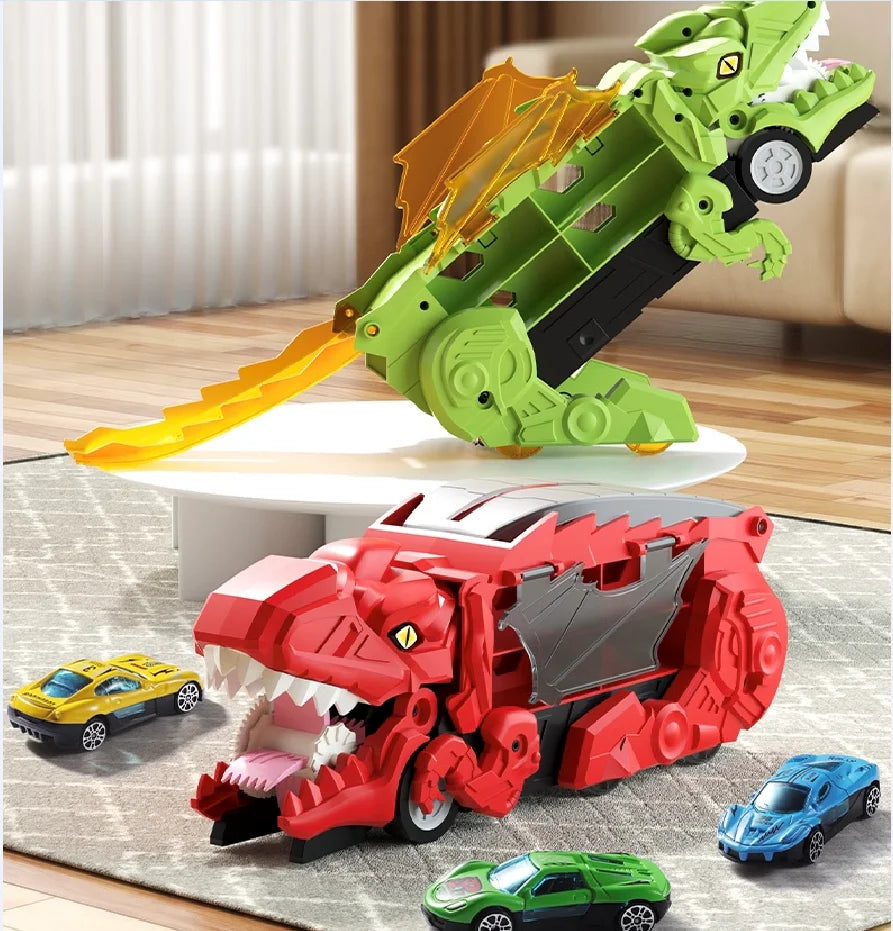 A green T-Rex dinosaur toy with orange fins and a red car, demonstrating inertia sliding and storage features.