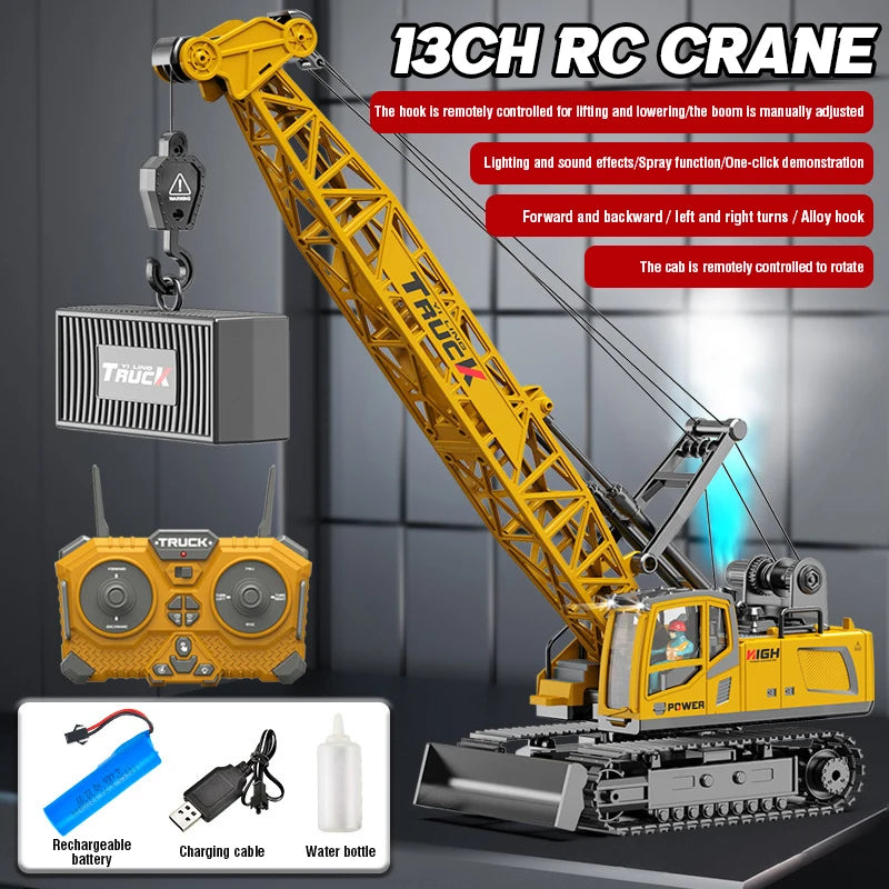 A yellow RC crane truck is shown with its boom extended, demonstrating remote control features and construction details.