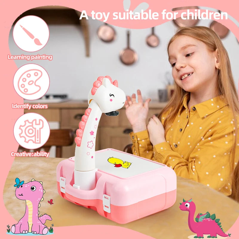 A pink kids drawing projector toy used for learning colors and creativity, held by a girl.