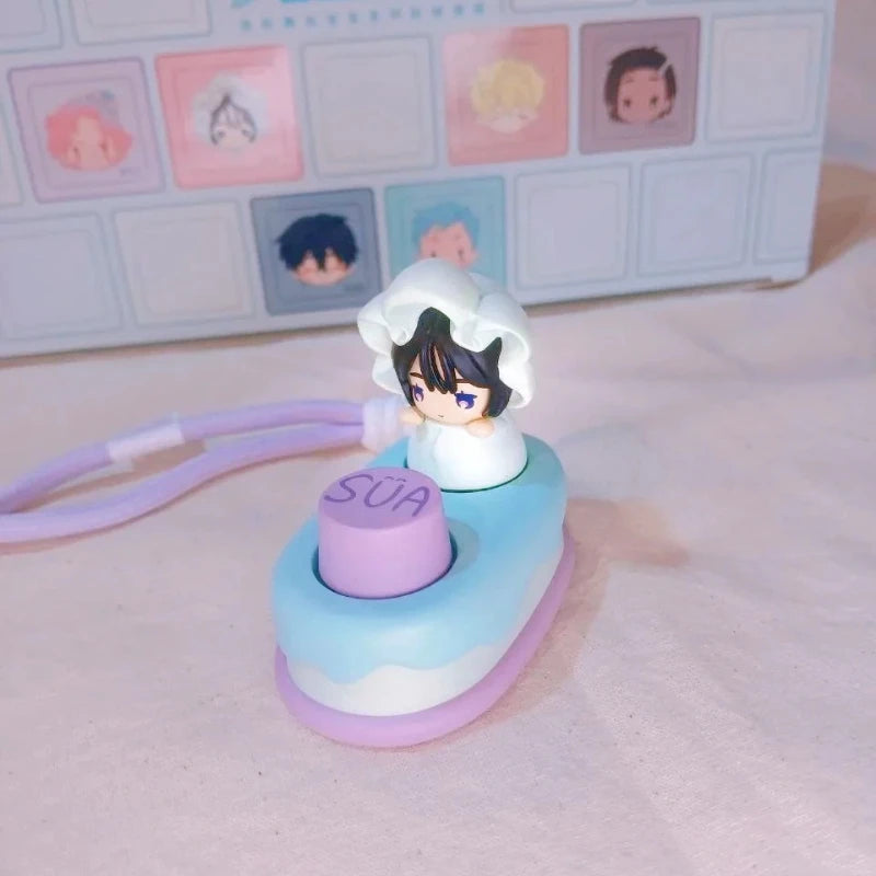 A light blue and purple collectible keycap blind box featuring a character with black hair and white hair.