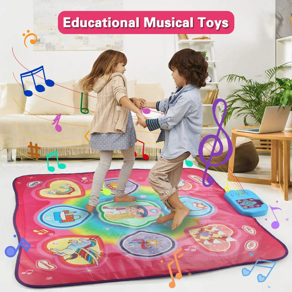 An educational musical toy featuring colorful shapes and notes on a pink blanket for children.