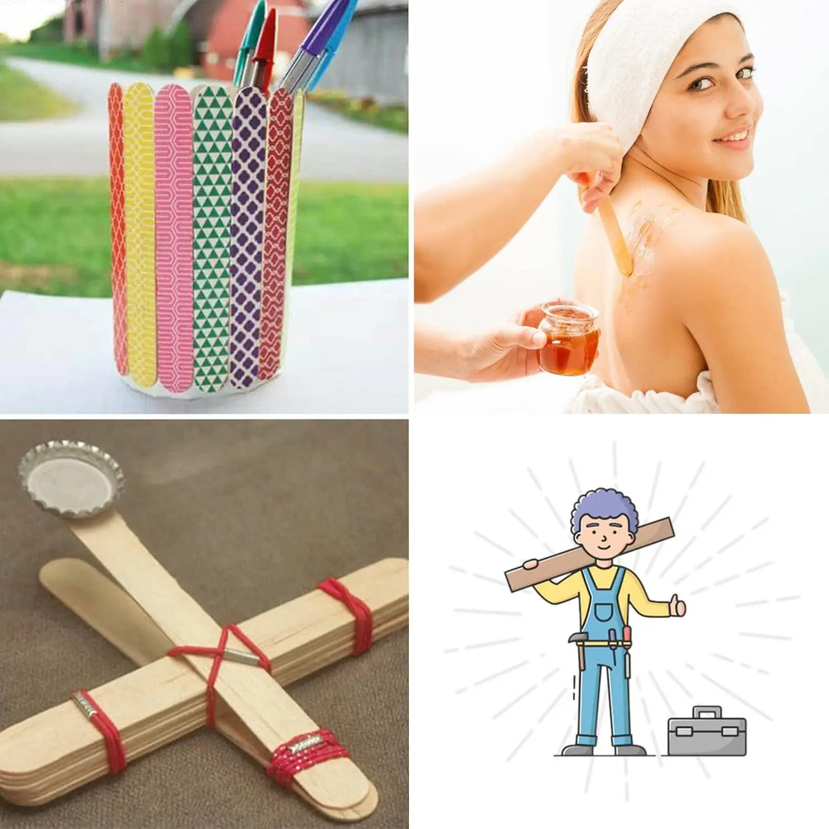 A collection of colorful wooden stir sticks and a person applying a facial treatment.