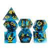 A set of blue and black resin dice shaped like an octopus for tabletop role-playing games