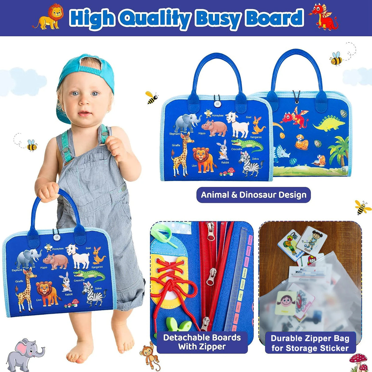 A high quality busy board featuring animal and dinosaur designs, detachable boards, and a durable zipper bag for storage stic