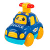 A blue and yellow police-themed rubber push and go toy car with a rattle top.