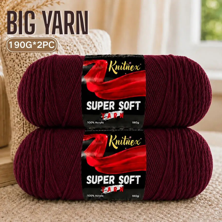 A pair of deep red Knitnex super soft acrylic yarn skeins for knitting and crochet.