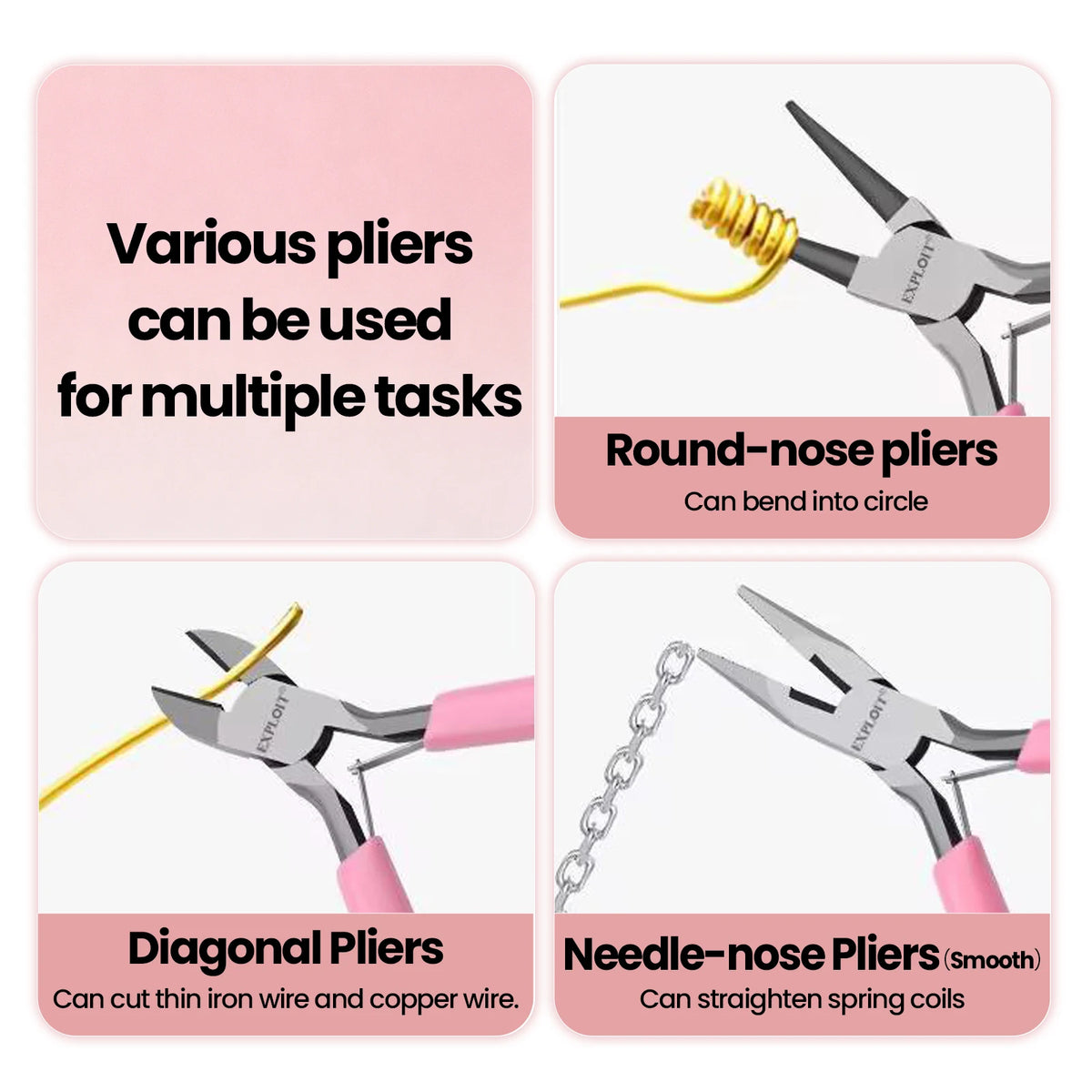 A set of various pliers including round-nose, diagonal, and needle-nose pliers for jewelry making tasks.