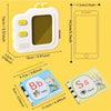 A white electronic drawing board and two learning flash cards featuring letters and animals for children.