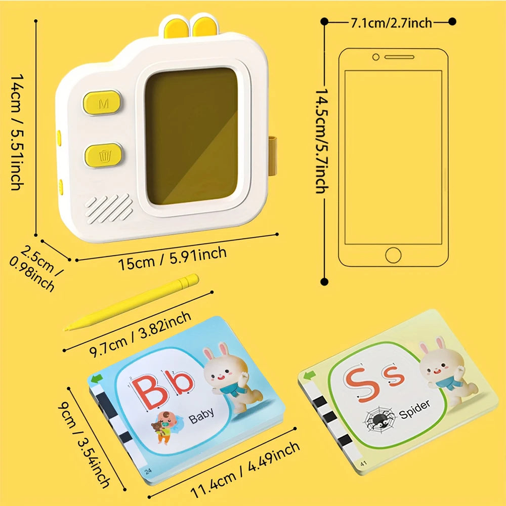 A white electronic drawing board and two learning flash cards featuring letters and animals for children.