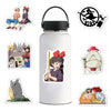 A white water bottle featuring various anime-style stickers including characters and silhouettes.