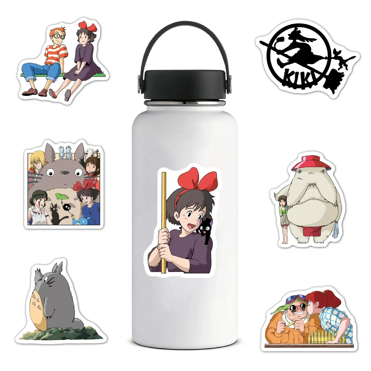 A white water bottle featuring various anime-style stickers including characters and silhouettes.