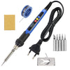 Precision soldering iron with digital display and adjustable temperature featuring a black and blue handle and tip.