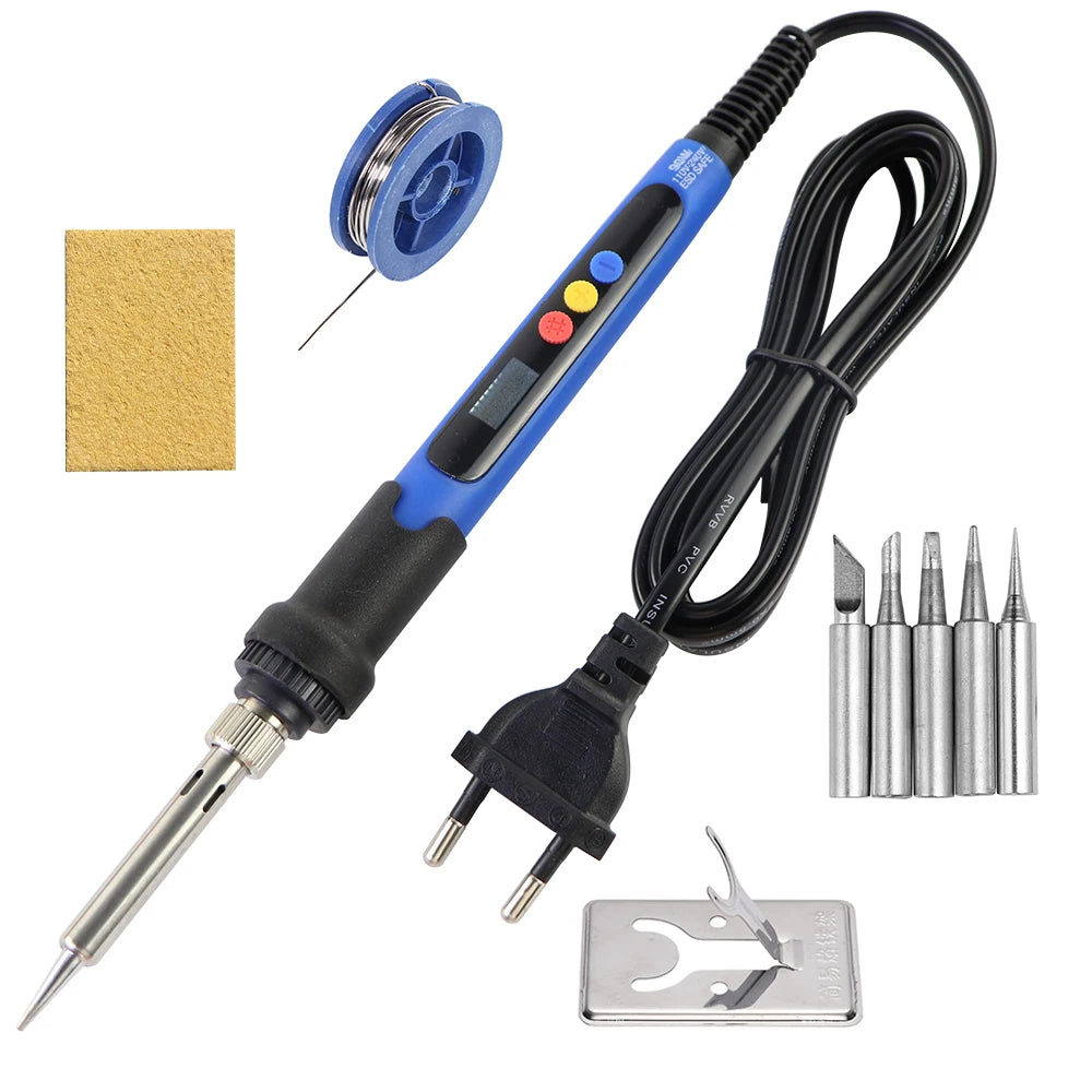 Precision soldering iron with digital display and adjustable temperature featuring a black and blue handle and tip.