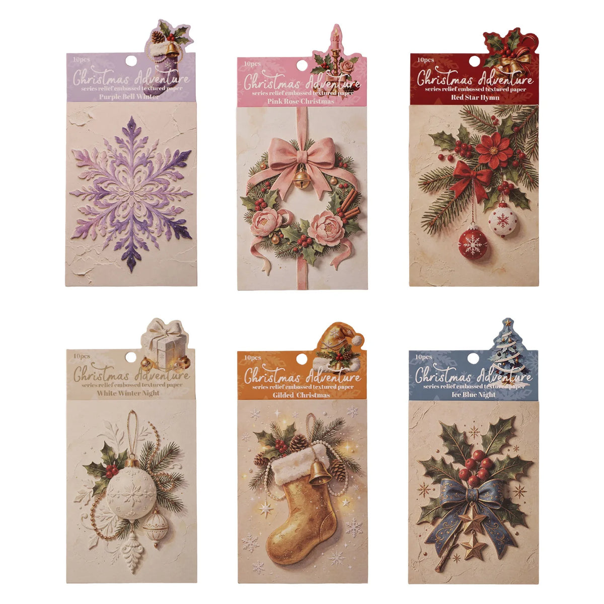 A pack of embossed Christmas advent cards featuring winter themes like snowflakes, wreaths, and holiday decorations.