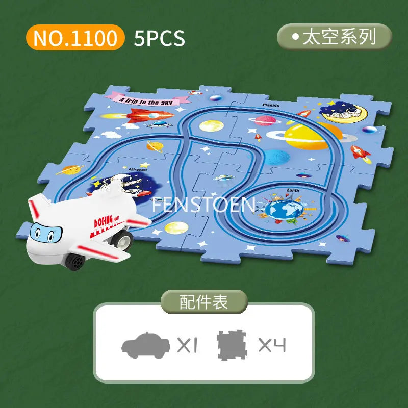 A puzzle depicting a landscape with various elements, including an airplane and Earth, used for a DIY electric railroad car b
