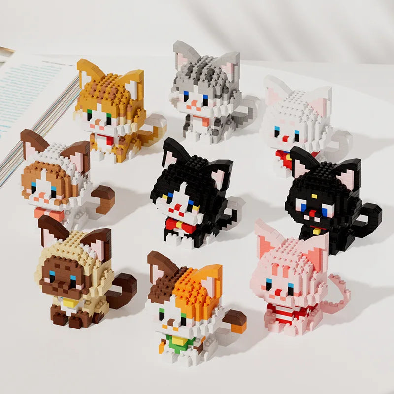 A collection of cat-themed miniature building blocks in various colors and styles.