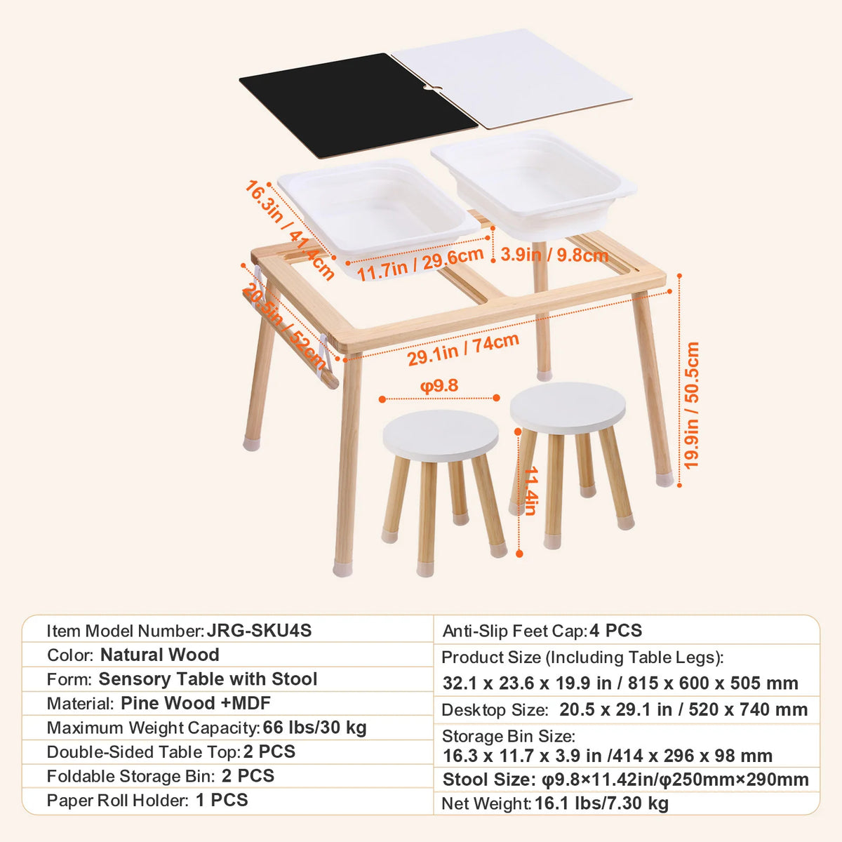Wooden sensory activity table for kids with a double-sided top and foldable bins made of pine wood