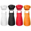 A set of four chef aprons and hats in white, black, red, and orange for kids.