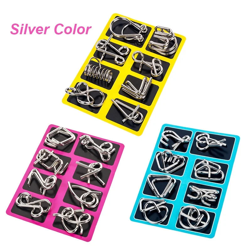 A collection of eight silver metal brain teaser puzzle pieces arranged in yellow and pink trays.