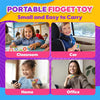 Colorful fidget rings shown being used by children in various settings like a classroom, car, home, and office.