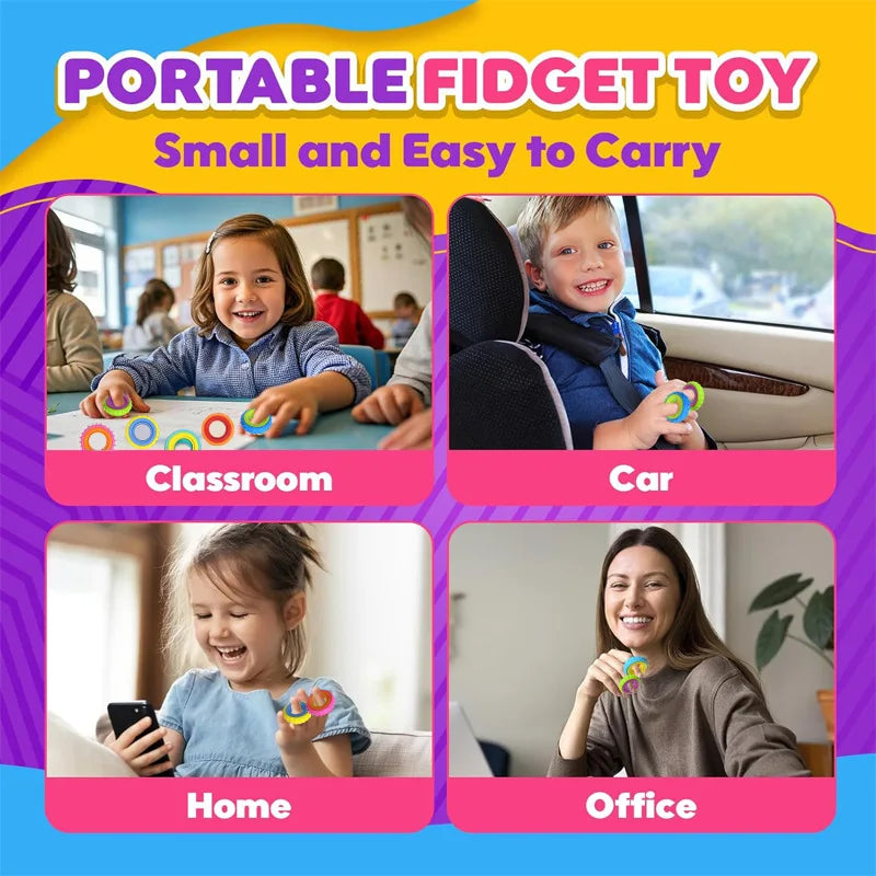Colorful fidget rings shown being used by children in various settings like a classroom, car, home, and office.