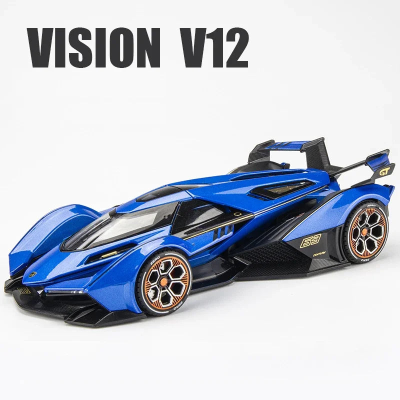 Blue Vision V12 diecast model car with black accents and orange wheels