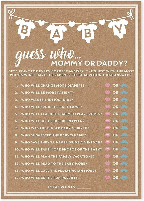 Baby Shower Guess Who Game Cards (Set of 10) for Mom or Dad
